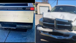 Chiếc bán tải cỡ lớn Dodge Ram nát đầu khi tông trúng “lô cốt di động” Tesla Cybertruck