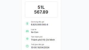 Biển số sảnh tiến của TP.HCM 51L-567.89 được chốt giá hơn 6,8 tỷ đồng